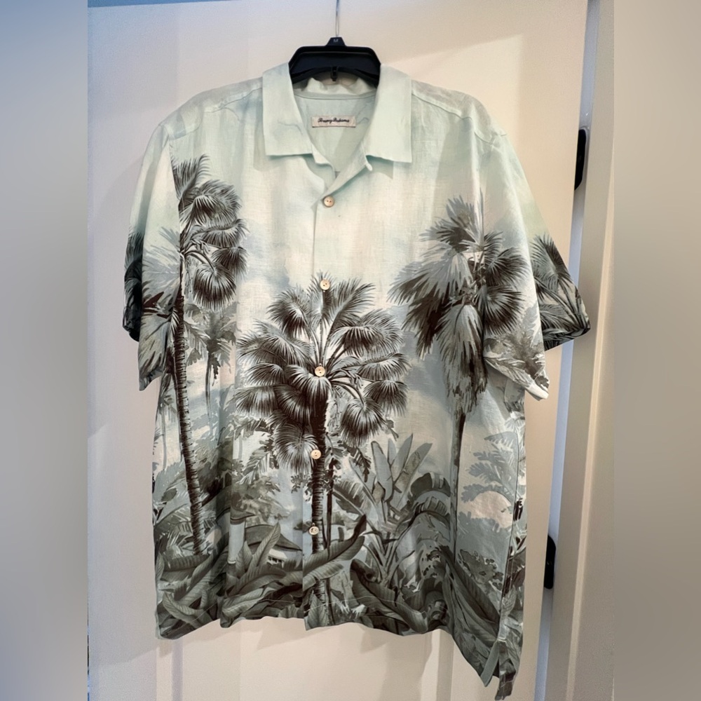 Tommy Bahama Blue Patterned 100% Linen Button Down Camp Shirt